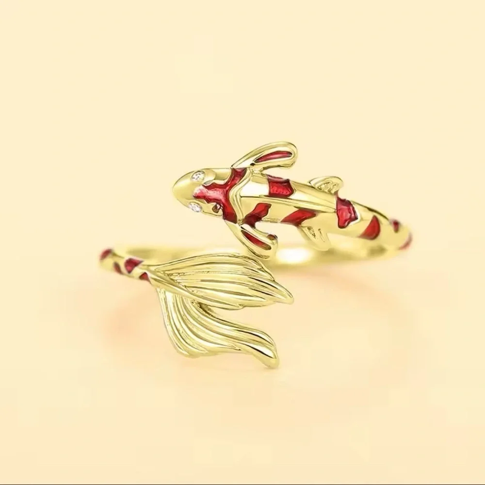 18K Gold Bohemian Lucky Koi Fish Enameled Detailing Ring Open Ring Adjustable